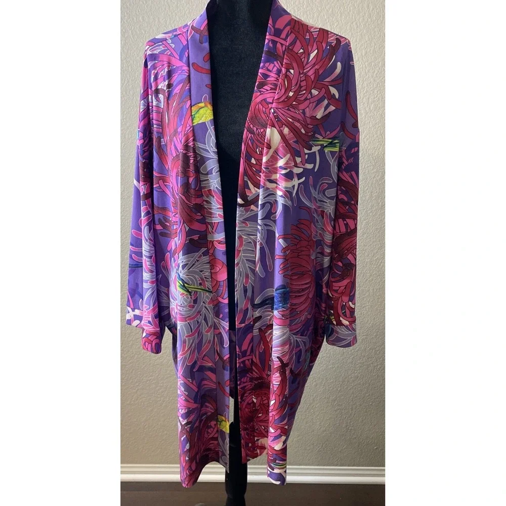 Attitudes by Renee Women 2XP Purple Cardigan Tropical Bird Floral Duster‎ NWT